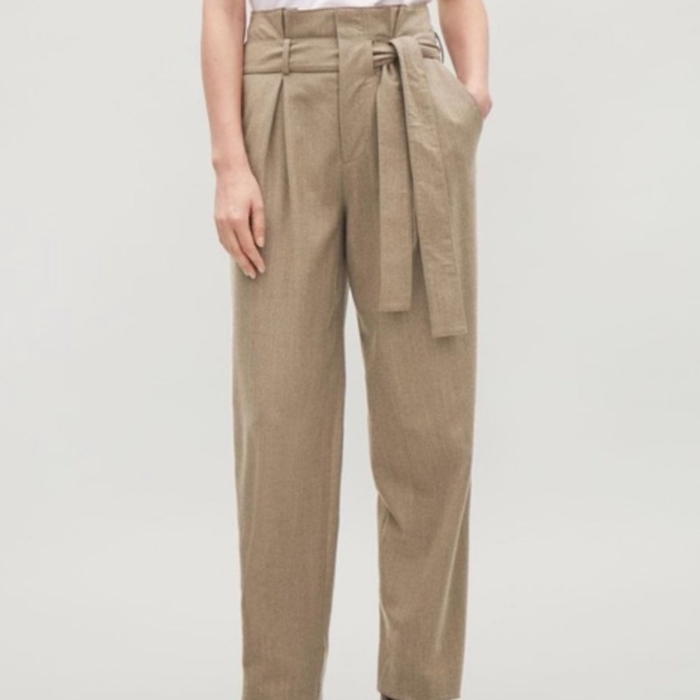 COS Lightweight Wool Blend Belted Tan/Brown Pleated balloon Trouser Pants,Size 6